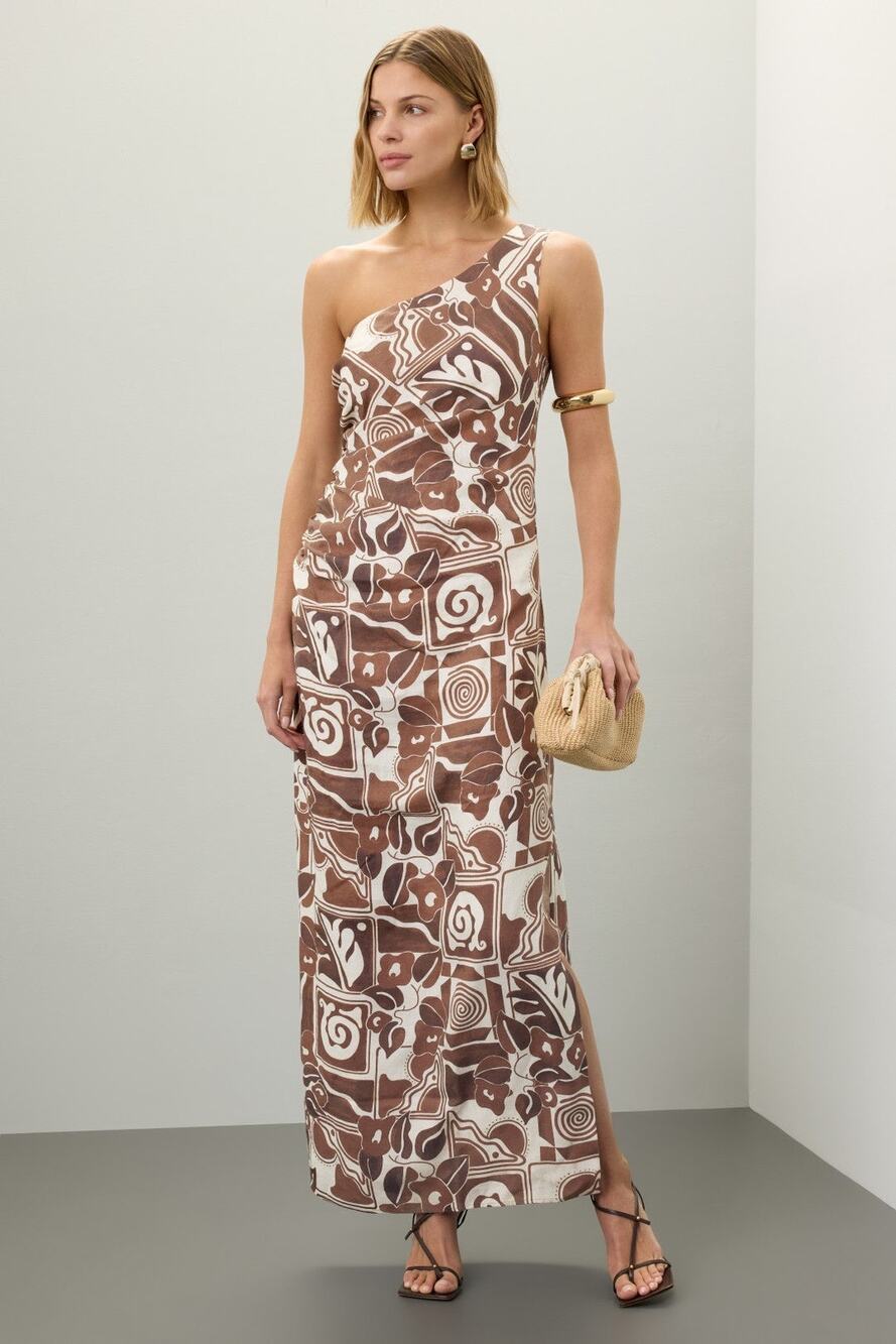 Mara Hoffman Sz 2 Brown White Enya Geo Coastal Print One Shoulder Ruched Dress
